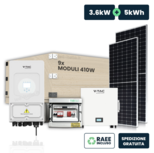 KIT Fotovoltaico Monofase 3.6kW con Inverter Ibrido, 9 Moduli 410W TIER-1 (3.7kW) Silver Frame con Accumulo LFP 5kWh e Quadro Combinato 1/1 AC-DC 3kW