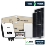 KIT Fotovoltaico Monofase 6kW con Inverter Ibrido, 15 Moduli 410W (6.15kW) Silver Frame con Accumulo LFP 10kWh e Quadro Combinato 2-2 AC-DC 6kW