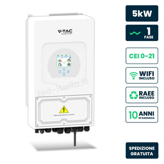 V-TAC Inverter Fotovoltaico Deye Monofase Ibrido On-Grid/Off-Grid 5kW, Doppio MPPT, CEI 0-21, Schermo LCD Touch, WiFi e TA Inclusi, Garanzia 10 Anni IP65