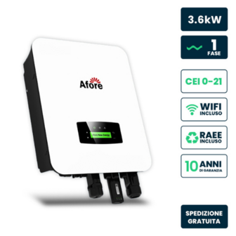 AFORE Inverter Fotovoltaico Afore Monofase Ibrido On-Grid/Off-Grid 3.6kW, Doppio MPPT, CEI 0-21, Schermo LCD, WiFi e Meter TA Inclusi, Garanzia 10 Anni IP65