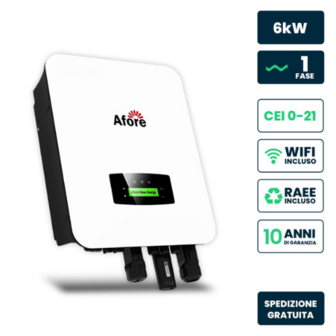 AFORE Inverter Fotovoltaico Monofase Ibrido On-Grid/Off-Grid 6kW, Doppio MPPT, CEI 0-21, Schermo LCD, WiFi e Meter TA Inclusi, Garanzia 10 Anni IP65