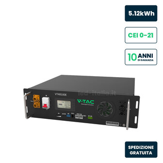 Batteria di Accumulo 5.12kWh al Litio-Ferro-Fosfato LiFePO4 BMS Integrato Modulo da Rack per Inverter Fotovoltaici CEI 0-21 51.2V 100Ah Garanzia 10 Anni