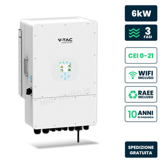 Inverter Fotovoltaico Deye Trifase Ibrido On-Grid/Off-Grid 6kW, Doppio MPPT, CEI 0-21, Schermo LCD Touch, WiFi e TA Inclusi, Garanzia 10 Anni IP65