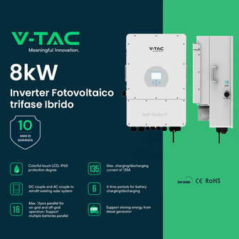 Inverter Fotovoltaico Deye Trifase Ibrido On-Grid/Off-Grid 8kW, Doppio MPPT, CEI 0-21, Schermo LCD Touch, WiFi e TA Inclusi, Garanzia 10 Anni IP65