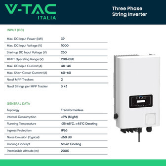 V-TAC Inverter Fotovoltaico Deye Trifase di Rete On-Grid 30kW CEI 0-21 con Schermo LCD, Inclusi TA e WiFi Garanzia 10 Anni IP65