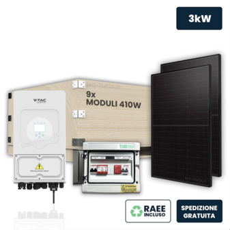 V-TAC Italia KIT Fotovoltaico Monofase 3kW con Inverter Ibrido, 9 Moduli TIER-1 410W (3.69kW) Full Black, Quadro Combinato 1-1 AC-DC 3kW senza Accumulo