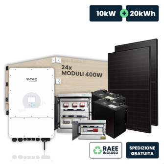 KIT Fotovoltaico Trifase 10kW con Inverter Ibrido, 24 Moduli TIER-1 400W (9.6kW) Full Black con Accumulo LFP 20kWh, Quadri DC 3-3 e AC 1-1 10kW