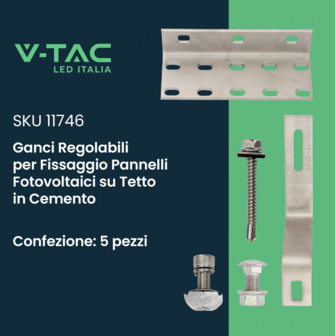 Ganci Regolabile per Fissaggio Pannelli Solari Fotovoltaici su Tetto in Cemento (Confezione 5 Pezzi)