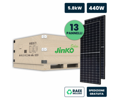 Set 5.7kW con 13 Pannelli Solari Fotovoltaici Moduli 440W JINKO Solar TIER-1 Tiger Neo, Monocristallini N-Type TOPCon, Black Frame IP67/IP68 1762x1134x30mm