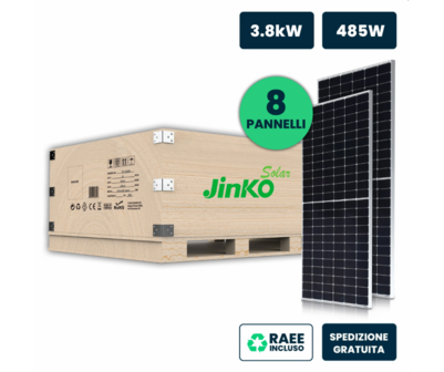 Set 3.8kW con 8 Pannelli Solari Fotovoltaici Moduli 485W JINKO Solar TIER-1 Tiger Neo, Monocristallini N-Type TOPCon, Black Frame IP67/IP68 1906x1134x30mm