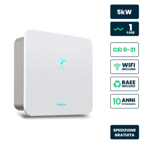 SINEXCEL Inverter Fotovoltaico Isuna Monofase Ibrido On-Grid/Off-Grid 5kW, Doppio MPPT, CEI 0-21, WiFi e Meter Inclusi, Garanzia 10 Anni IP65