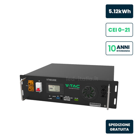 Batteria di Accumulo 5.12kWh al Litio-Ferro-Fosfato LiFePO4 BMS Integrato Modulo da Rack per Inverter Fotovoltaici CEI 0-21 51.2V 100Ah Garanzia 10 Anni
