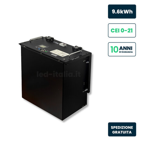 Batteria di Accumulo 9.6kWh al Litio-Ferro-Fosfato LiFePO4 BMS Integrato Incluse Staffe per Ancoraggio a Muro per Inverter Fotovoltaici CEI 0-21 48V 200Ah Garanzia 10 Anni