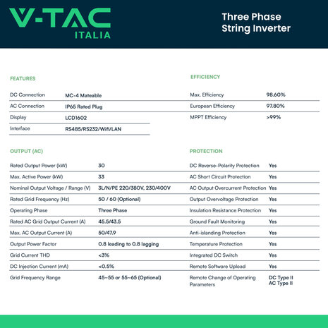 V-TAC Inverter Fotovoltaico Deye Trifase di Rete On-Grid 30kW CEI 0-21 con Schermo LCD, Inclusi TA e WiFi Garanzia 10 Anni IP65